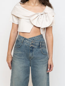 Vintage x Cream Satin Cropped Bow Top (XS-M)