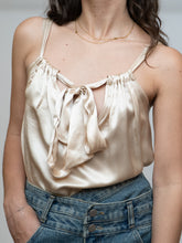 Load image into Gallery viewer, Vintage x Made in USA x Nude Silk Halter Front-tie Blouse (S)