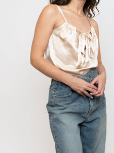 Vintage x Made in USA x Nude Silk Halter Front-tie Blouse (S)