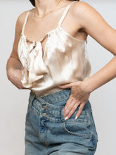 Load image into Gallery viewer, Vintage x Made in USA x Nude Silk Halter Front-tie Blouse (S)