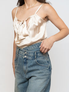 Vintage x Made in USA x Nude Silk Halter Front-tie Blouse (S)