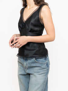 Vintage x Made in Canada x Silk-feel Black Rose Tank (S, M)