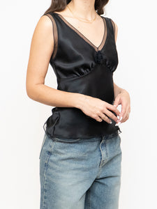 Vintage x Made in Canada x Silk-feel Black Rose Tank (S, M)
