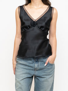 Vintage x Made in Canada x Silk-feel Black Rose Tank (S, M)