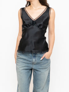Vintage x Made in Canada x Silk-feel Black Rose Tank (S, M)