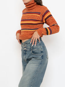 Vintage x Made in Korea x Orange Striped Knit Turtleneck (XS-M)