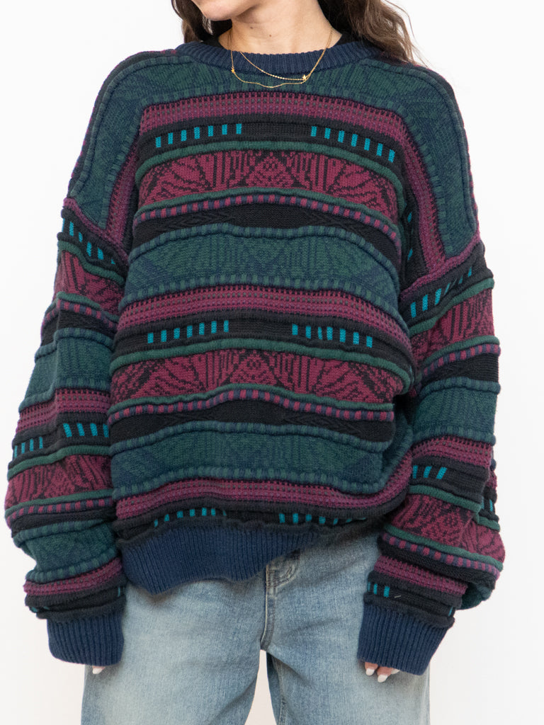 Vintage x Made in Canada x TOSANI Green, Red Patterned Raised Knit (XS-XL)