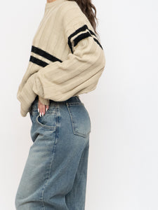 Vintage x Beige, Black Striped Acrylic Knit Sweater (XS-XL)