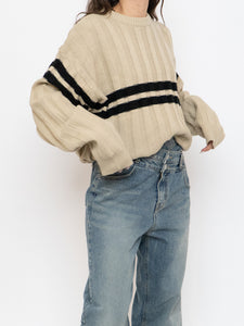 Vintage x Beige, Black Striped Acrylic Knit Sweater (XS-XL)