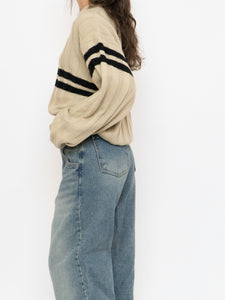 Vintage x Beige, Black Striped Acrylic Knit Sweater (XS-XL)