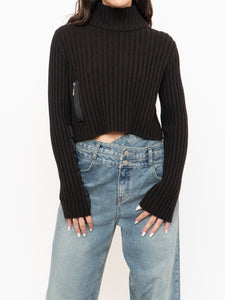Vintage x Made in Italy x Sarah Pacini Cropped Deep Brown Ribbed Wool-Blend Turtleneck (XS, S)