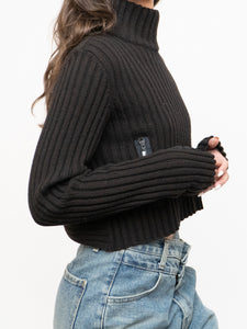Vintage x Made in Italy x Sarah Pacini Cropped Deep Brown Ribbed Wool-Blend Turtleneck (XS, S)