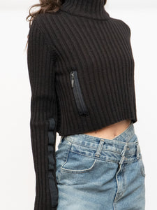 Vintage x Made in Italy x Sarah Pacini Cropped Deep Brown Ribbed Wool-Blend Turtleneck (XS, S)
