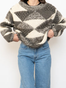 Vintage x NEGRESCO Grey, Cream Chunky Wool-Blend Knit Sweater (XS-M)