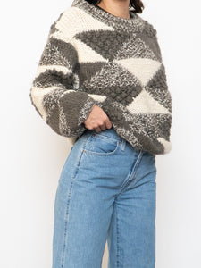 Vintage x NEGRESCO Grey, Cream Chunky Wool-Blend Knit Sweater (XS-M)