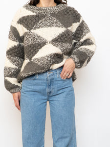 Vintage x NEGRESCO Grey, Cream Chunky Wool-Blend Knit Sweater (XS-M)