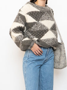 Vintage x NEGRESCO Grey, Cream Chunky Wool-Blend Knit Sweater (XS-M)