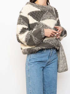 Vintage x NEGRESCO Grey, Cream Chunky Wool-Blend Knit Sweater (XS-M)