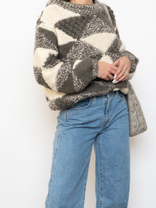 Vintage x NEGRESCO Grey, Cream Chunky Wool-Blend Knit Sweater (XS-M)