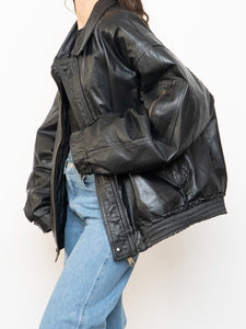 Vintage x Black Leather Gold-Detailed Bomber Jacket (S-XL)