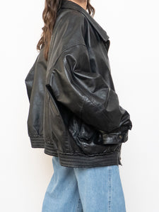 Vintage x Black Leather Gold-Detailed Bomber Jacket (S-XL)