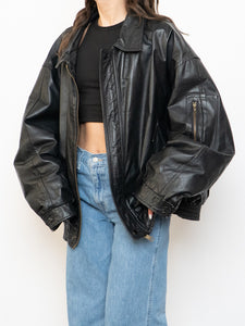 Vintage x Black Leather Gold-Detailed Bomber Jacket (S-XL)