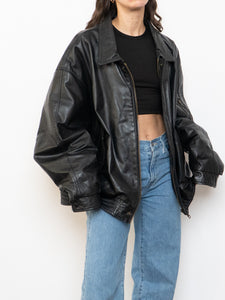 Vintage x Black Leather Gold-Detailed Bomber Jacket (S-XL)