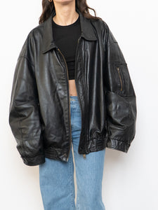 Vintage x Black Leather Gold-Detailed Bomber Jacket (S-XL)
