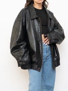Vintage x Black Leather Gold-Detailed Bomber Jacket (S-XL)