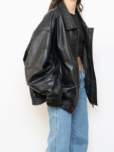 Vintage x Black Leather Gold-Detailed Bomber Jacket (S-XL)