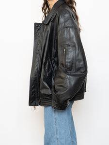 Vintage x Black Leather Gold-Detailed Bomber Jacket (S-XL)