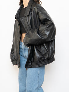 Vintage x Black Leather Gold-Detailed Bomber Jacket (S-XL)