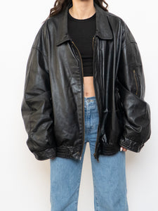 Vintage x Black Leather Gold-Detailed Bomber Jacket (S-XL)