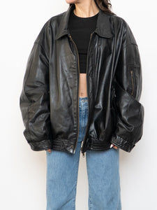 Vintage x Black Leather Gold-Detailed Bomber Jacket (S-XL)