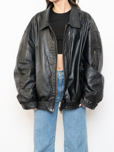 Vintage x Black Leather Gold-Detailed Bomber Jacket (S-XL)