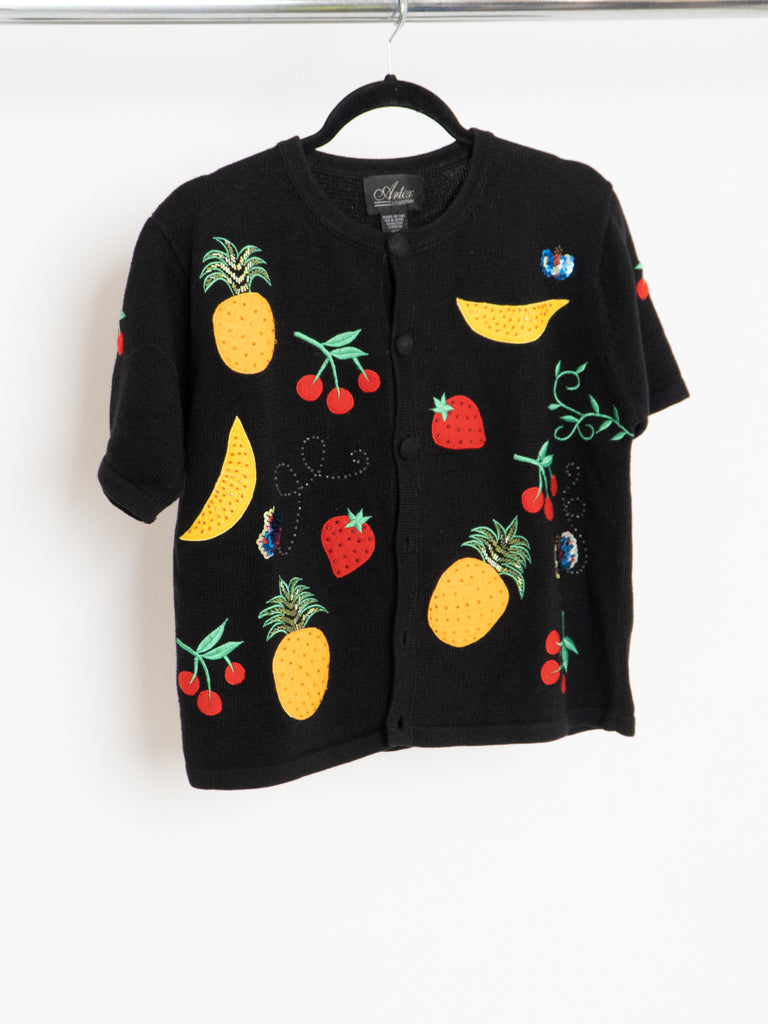 Vintage x Fruit Patterned Cotton Short-sleeve Cardigan (XS-M)