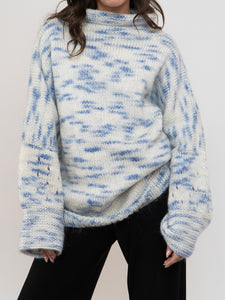 Vintage x Handmade White, Blue Speckled Knit Mockneck Sweater (XS-L)