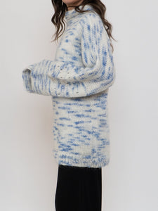 Vintage x Handmade White, Blue Speckled Knit Mockneck Sweater (XS-L)
