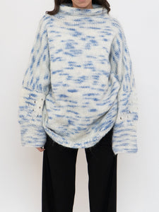 Vintage x Handmade White, Blue Speckled Knit Mockneck Sweater (XS-L)