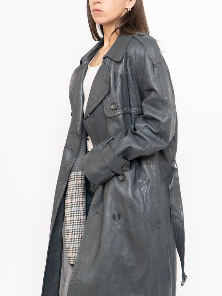 Vintage x Made in Canada x Wool-Lined Grey Leather Trench (S-L)