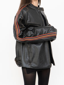 Vintage x Black, Multicolour-striped Faux Leather Biker Jacket (M-XL)