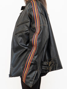 Vintage x Black, Multicolour-striped Faux Leather Biker Jacket (M-XL)