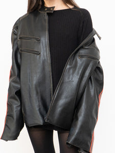 Vintage x Black, Multicolour-striped Faux Leather Biker Jacket (M-XL)