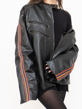 Load image into Gallery viewer, Vintage x Black, Multicolour-striped Faux Leather Biker Jacket (M-XL)