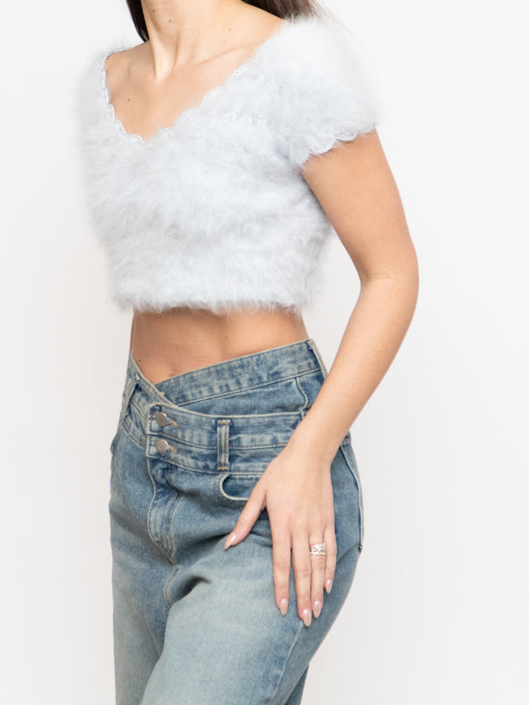 Vintage x Handmade Pale Blue Angora Knit Cropped Sweater (XS, S)