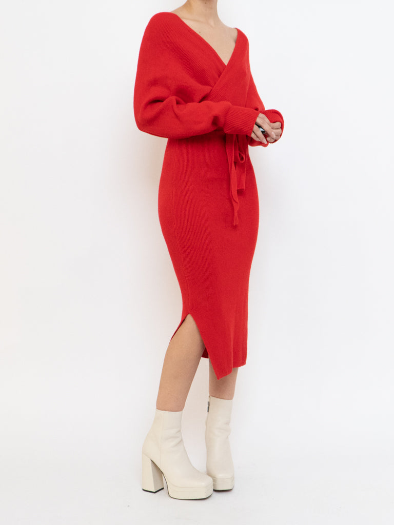 Modern x Deadstock Red Ribbed Wrap Knit Dress (XS-M)