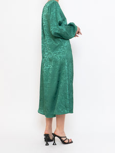 ICHI x Green Floral Longsleeve Satin Dress (S, M)