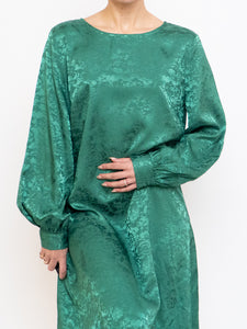 ICHI x Green Floral Longsleeve Satin Dress (S, M)