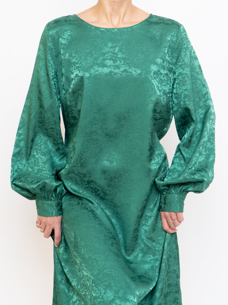 ICHI x Green Floral Longsleeve Satin Dress (S, M)
