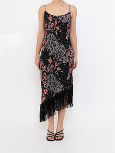 Vintage x Made in Canada x Black Floral Tassle Dress (M, L)